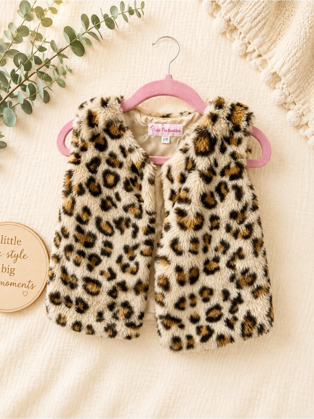 Faux Fur Leopard Print Vest for Kids - Beige/Black